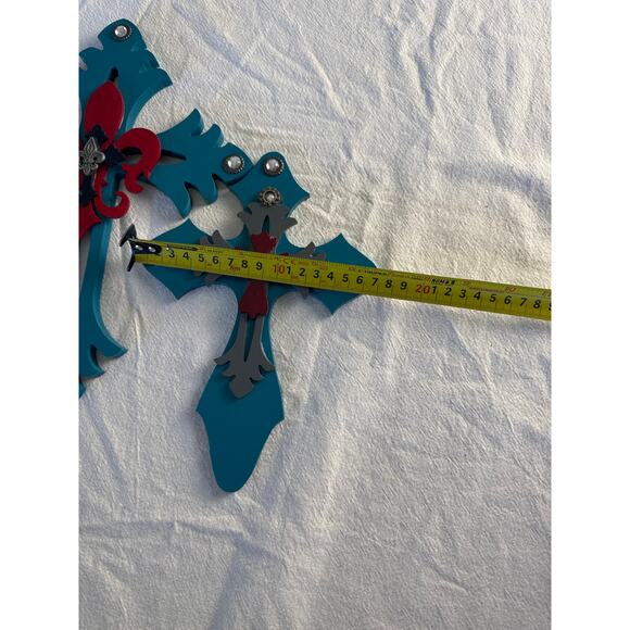Pair of Turquoise Layered Wall Crosses – Rhinestones & Red Fleur-de-Lis - Picture 7 of 7